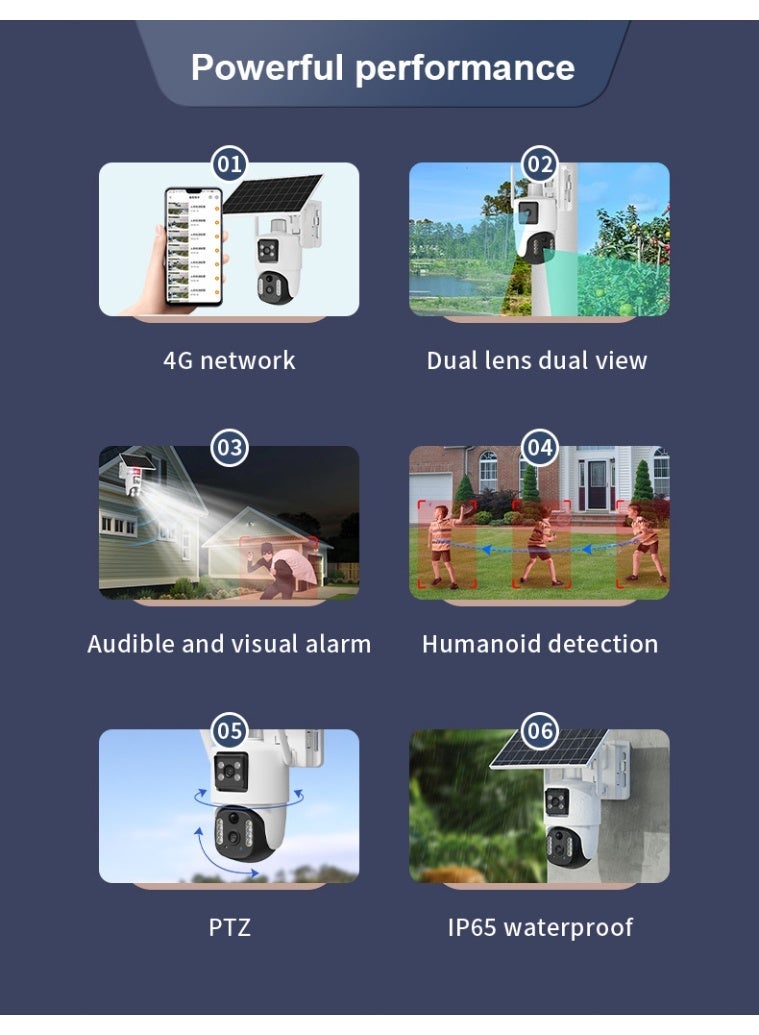 v380 كاميرا PTZ مزدوجة العدسة 4G بالطاقة الشمسية مع طاقة لمدة 365 يوم، كشف PIR للإنسان وإنذار، كاميرا أمان خارجية لاسلكية للمزارع والشوارع والمناطق النائية، مقاومة للعوامل الجوية IP65 - Image 2